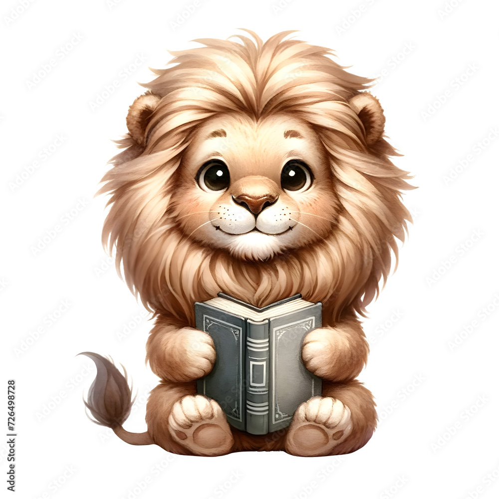 cute watercolor animal is sitting and reading a book clipart of lion cute watercolor animal is sitting and reading a book clipart of lion