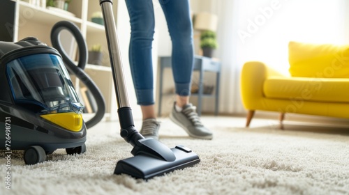 A woman is using a vacuum cleaner while cleaning the carpet in the house.