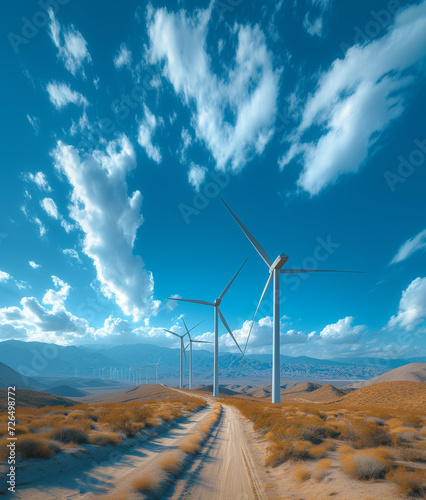 Wind turbines at a windfarm at a hill on sunset.