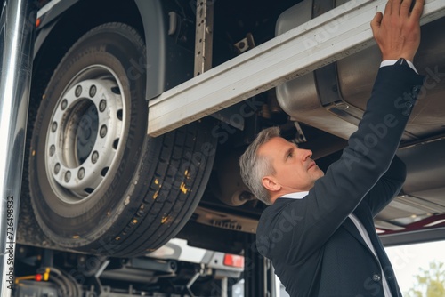 businessman inspecting a trucks undercarriage on a lift
