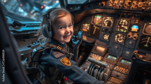 Happy Kid as Airplane Captain joyful child dressed in a pilot suit poses inside the plane's cockpit, dreaming of their future job as an airplane captain. With a beaming smile of excitement, photo