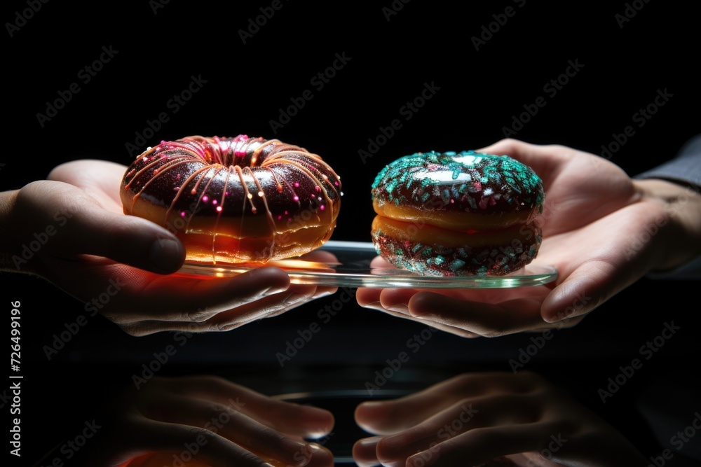 Superior view unhealthy food versus healthy foods with hand holding the donut, generative IA