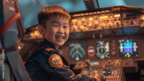 Happy Asian Kid as Airplane Captain joyful child dressed in a pilot suit poses inside the plane s cockpit  dreaming of their future job as an airplane captain. With a beaming smile of excitement 