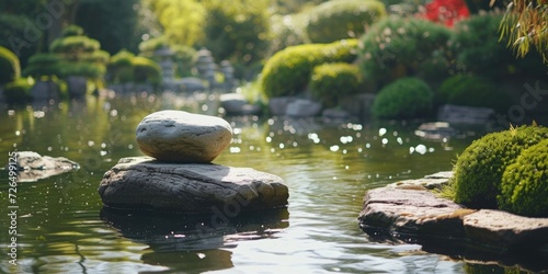 A rock in the middle of a body of water. Can be used to depict serenity and nature