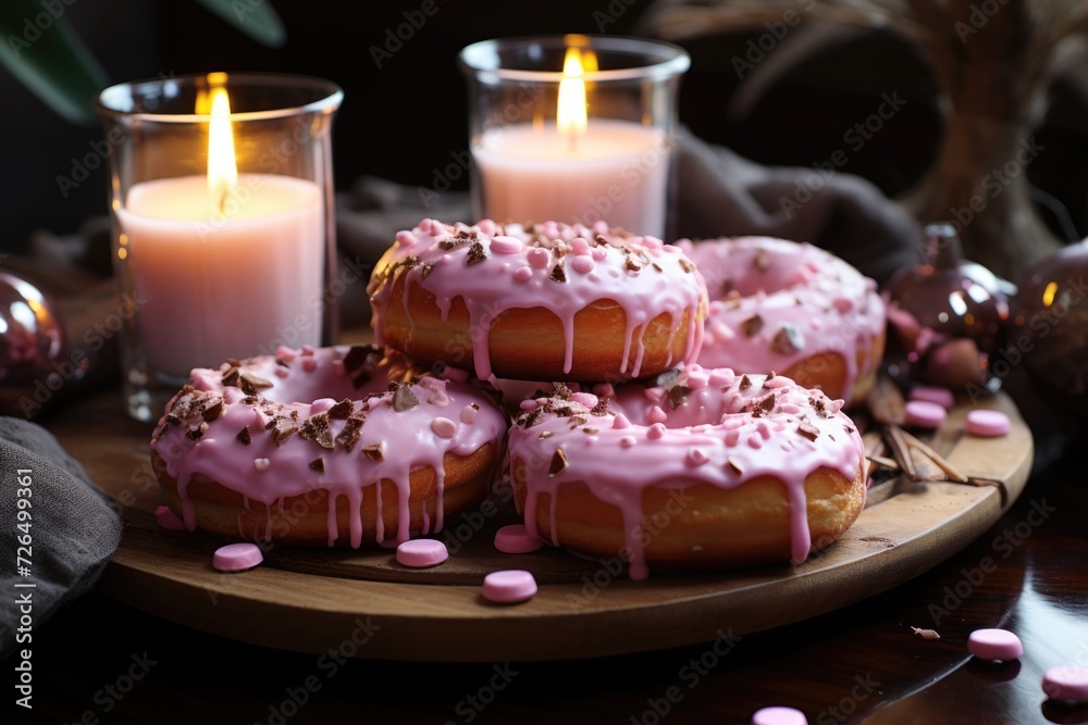 Chocolate donuts and vitrified pink on the marble surface., generative IA