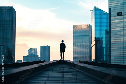business person on corporate tower roof, skyline in back