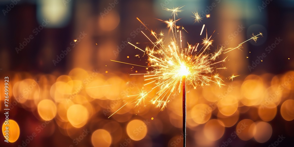 Fototapeta premium Light flame sparkle shine with bookeh cityu ligh background. Xmas New Year Night celebration