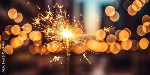 Light flame sparkle shine with bookeh cityu ligh background. Xmas New Year Night celebration