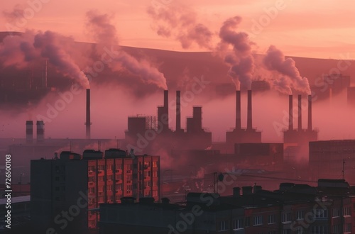 A looming factory billows thick smoke into the sky  casting a shadow over the polluted clouds and reminding us of the destructive power of industry