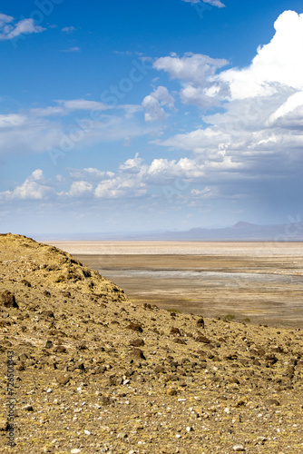 Lake Natron, the largest lake in the East African Rift Valley in Tanzania and to a small extent in Kenya, known for its pink flamingos
