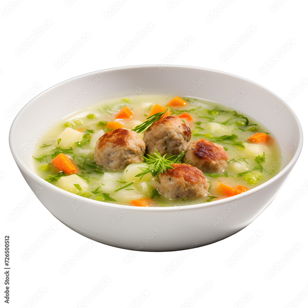 Clear broth with bacon dumplings in soup bowl on png background