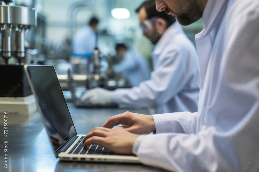 engineer typing on a laptop, blurred colleagues conducting machine tests behind