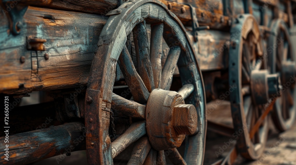 A detailed close up of a wooden wagon wheel. Suitable for rustic and vintage themes