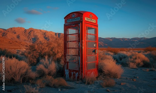 an old english phone booth on a desert photo