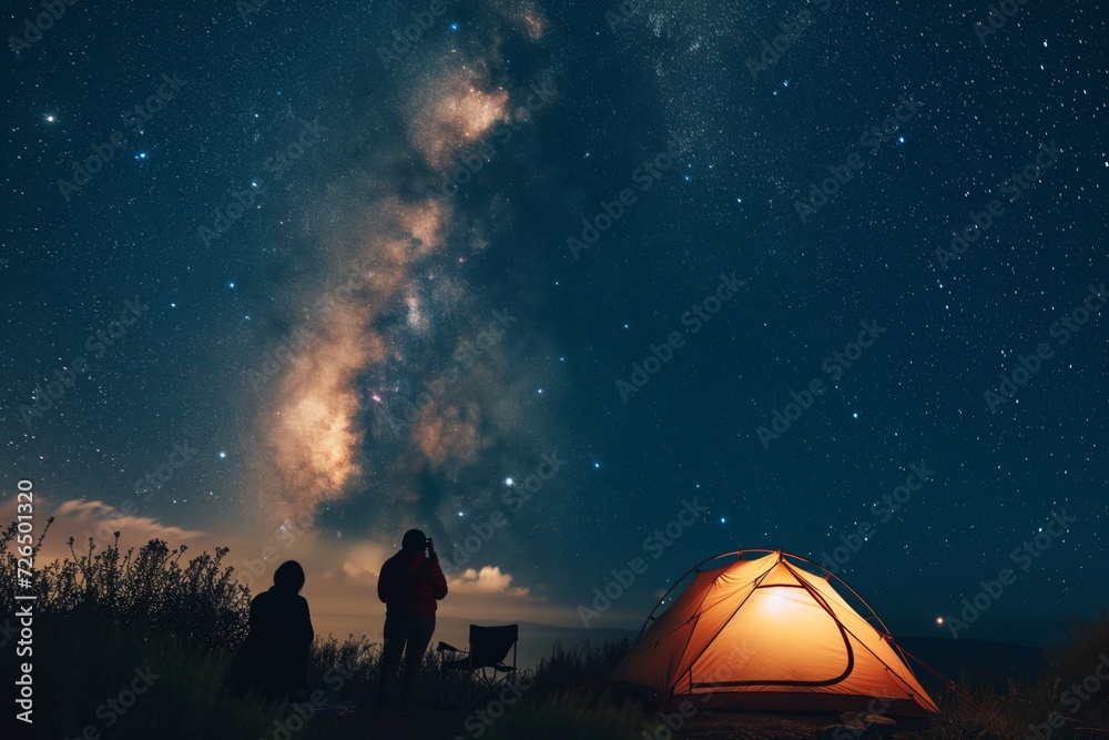 two people stargazing next to a tent