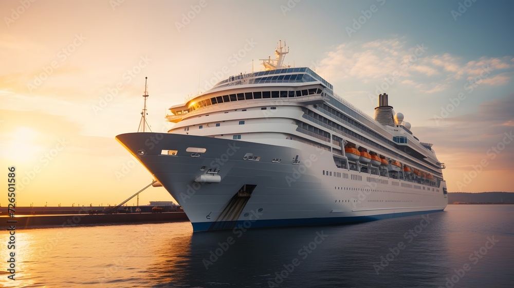 A large, white cruise ship stands near the pier at sunset, side view. Summer vacation, travel, adventure, hot tour.