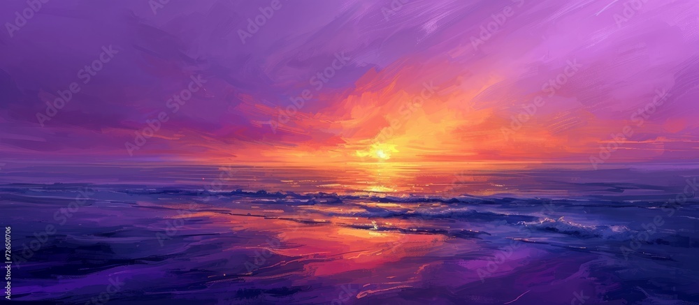 Purple sky and ocean bay with an orange horizon.