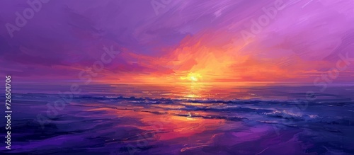 Purple sky and ocean bay with an orange horizon.