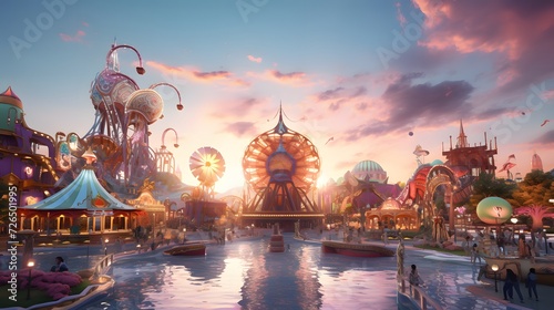 Amusement park in the sunset time. 3d rendering.