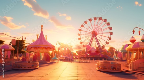 Amusement park in the sunset time. 3d rendering.