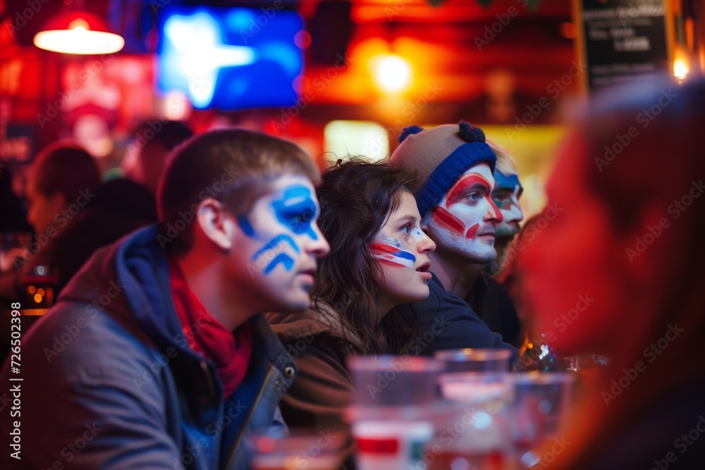 crowd with painted faces of their teams colors at a bar crowd with painted faces of their teams colors at a bar