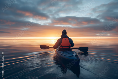 person wearing a life jacket paddling on calm waters at sunrise