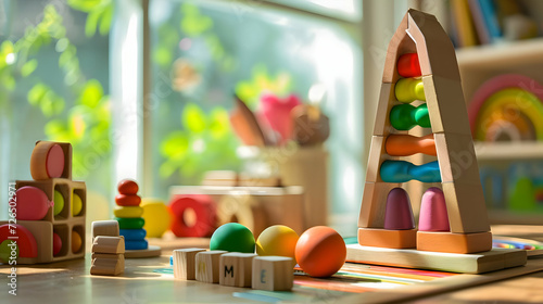 Kindergarten birght colored toys close up photo. Montessori early education photo. High quality photo