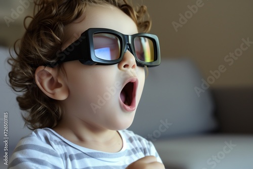 child with 3d glasses, mouth agape, watching a screen