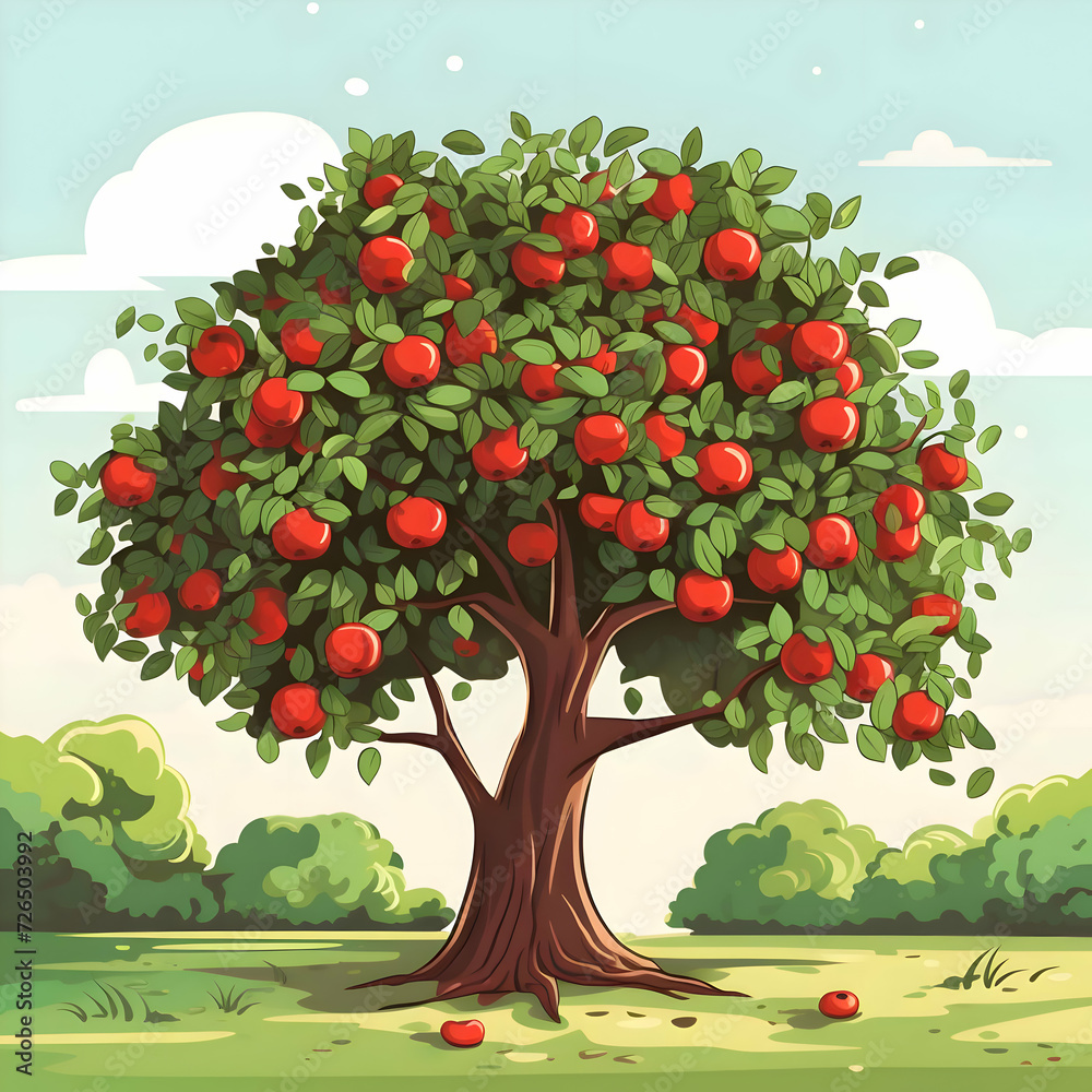 Flat illustration of a green summer apple tree with bright red fruits on a blue sky background. High quality