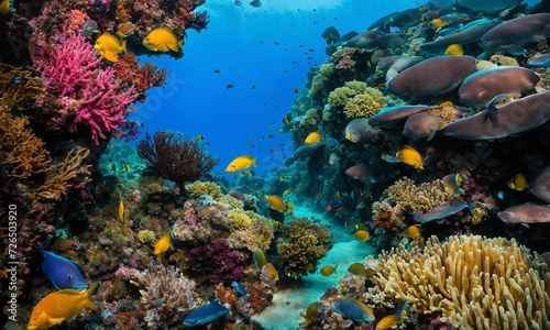 Underwater scene. Coral reef  colorful fish groups and sunny sky shining through clean ocean water.