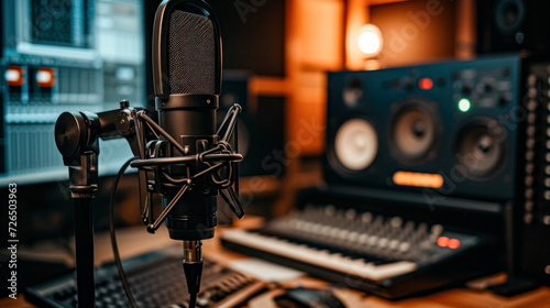 Close-up of a studio microphone setup with an audio mixer and monitors in the background of a sound recording studio.