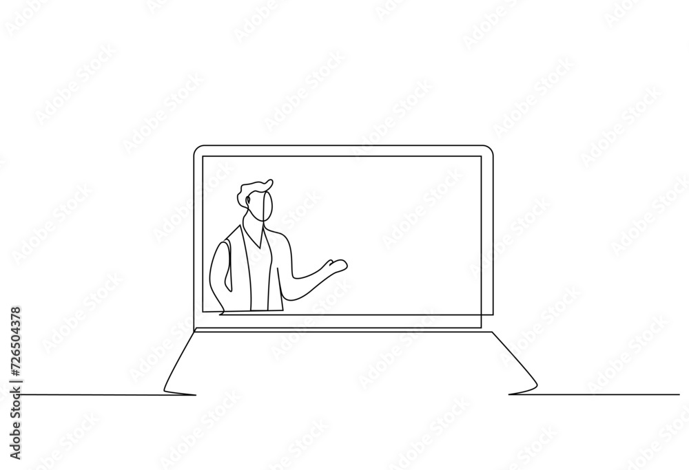 laptop online video connection meeting lesson education business teacher businessperson one line art design vector