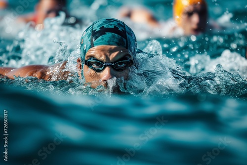 triathlete with focused gaze swimming among rivals