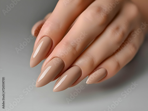 Close up of woman's hand with elegant neutral colors manicure. Luxury hand care. High-resolution