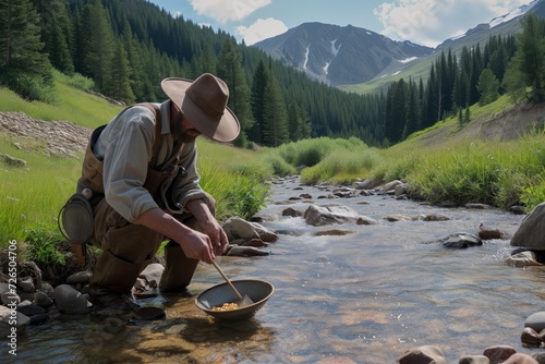 prospector panning for gold in a mountain stream
