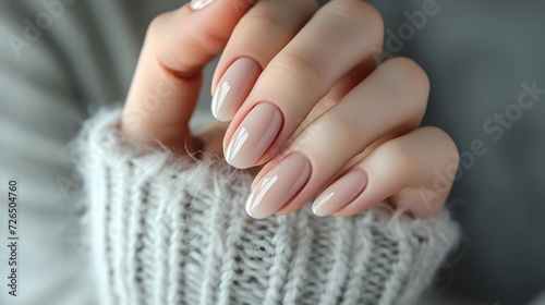 Close up of woman s hand with elegant neutral colors manicure. Cozy hand care. High-resolution