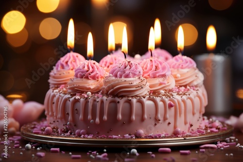 Fresh birthday cake with flame candles on the pink background  generative IA