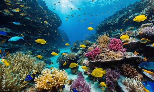 Life in a coral reef. Rich colors of tropical fish. Animals of the underwater sea world. Ecosystem.