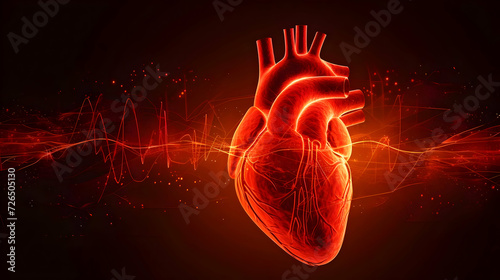 Abstract human heart shape with red cardio pulse line background. High-resolution
