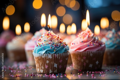 Delicious cupcake with a candle on a colorful background with space to insert text, generative IA photo