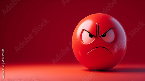 Round 3d red angry emoji face on a red background. High-resolution photo