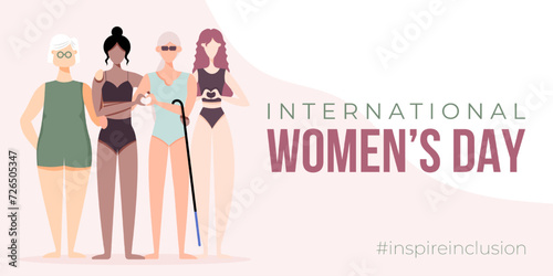 International Women's Day banner, backround, poster. Inspire inclusion 2024 campaign. Group of women of different ethnicity, age, body type, hair color vector illustration in flat style.
