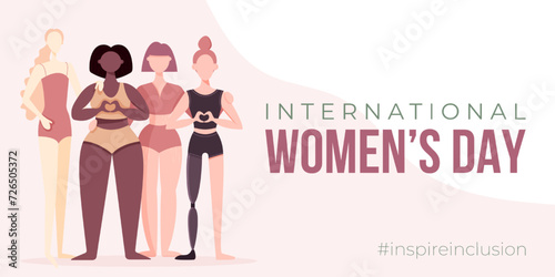 International Women's Day banner, backround, poster. Inspire inclusion 2024 campaign. Group of women of different ethnicity, age, body type, hair color vector illustration in flat style.	