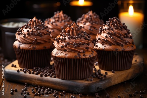 Chocolate cupcakes with chocolate chips on a wooden table and backgroundgenerative, generative IA photo