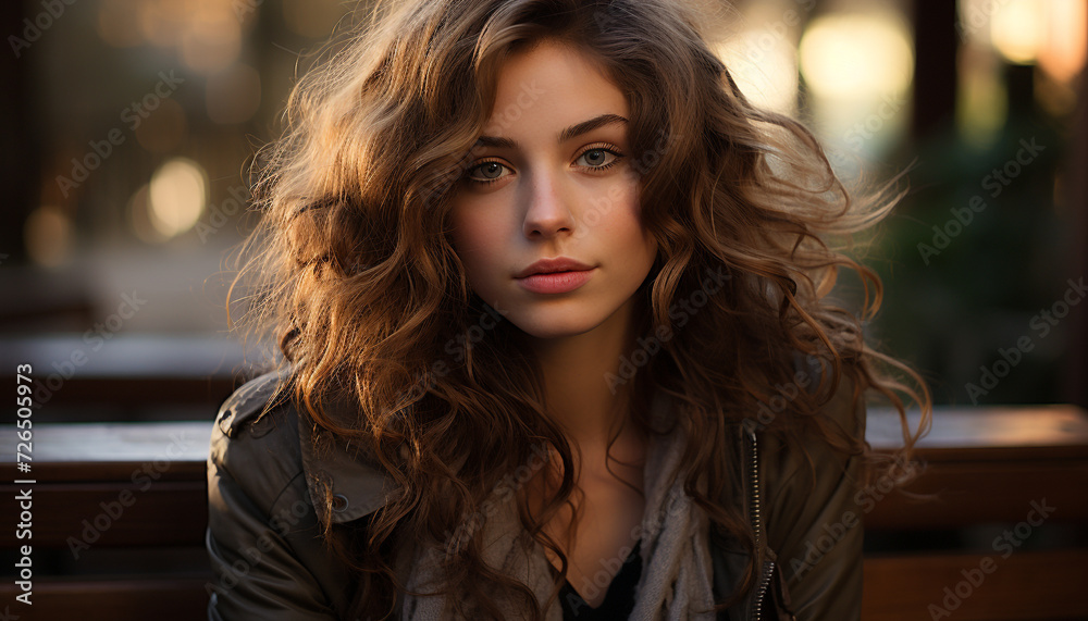 Fototapeta premium Young woman with long brown hair looking at camera outdoors generated by AI
