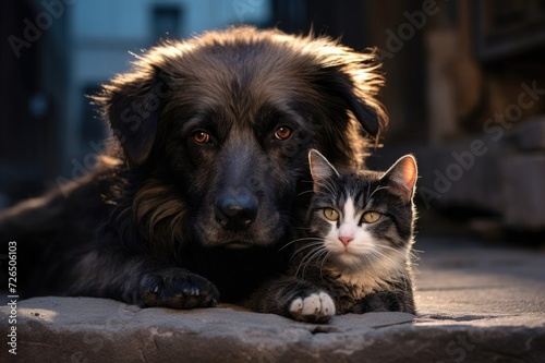 A small kitten snuggled up to a big dog  stray animals on the street  evening twilight  sad dog eyes 