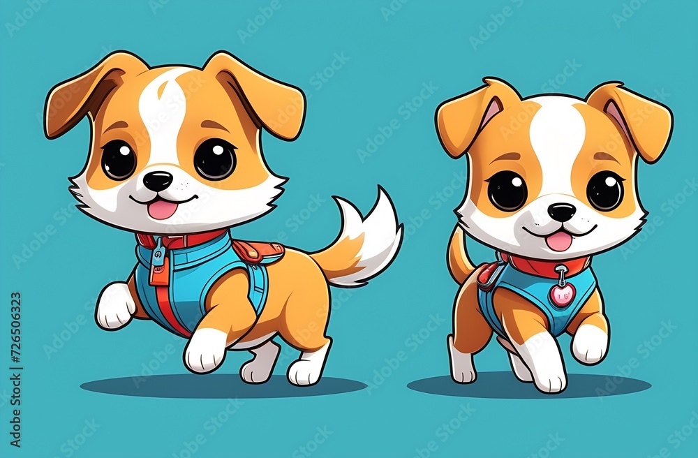 Fototapeta premium Two cute kawaii-style dogs,illustration cartoon character dog cute funny happy face ,dog running