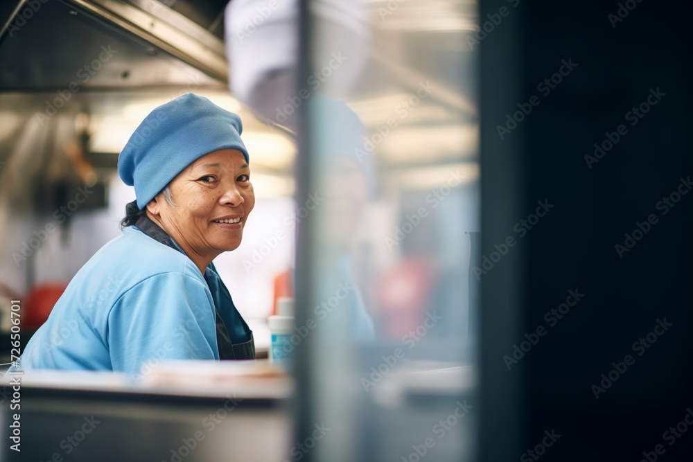 employee taking order at food truck window employee taking order at food truck window