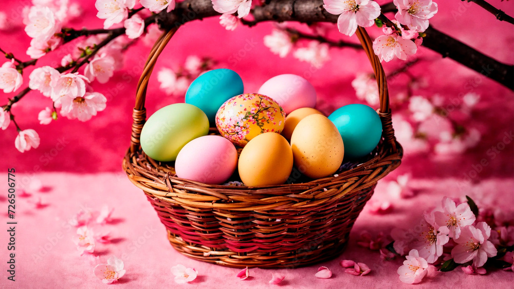 Basket with Easter eggs. Selective focus.