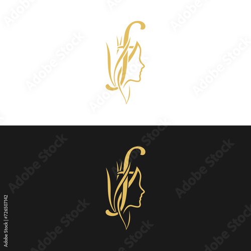 gold-colored initial "f" combined with a female face indicating beauty use for salon, hair, business, logo, design, vector, company, branding, and more